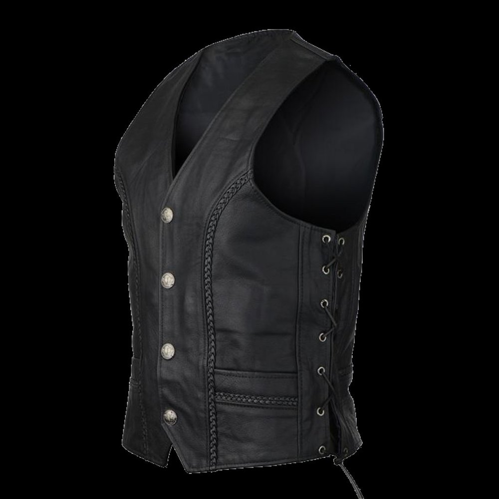 Men's Buffalo Nickel Leather Vest with Braid and Side Laces